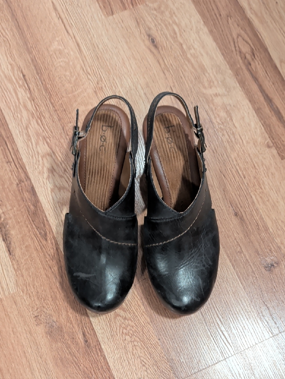 b.o.c. Black Leather Slingback Clogs with Buckle